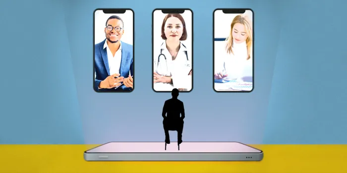 An artist's rendering of a patient speaking with doctors on video chat.