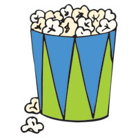 Cartoon blue and green container filled with popcorn