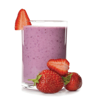 Strawberry smoothie in clear glass with real strawberries adorning