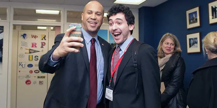 Sen. Cory Booker with a bleeding disorders advocate
