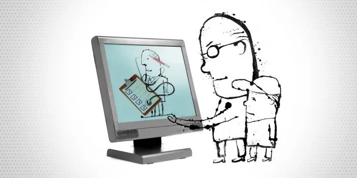 Art depicting father and son setting up a telehealth appointment on the computer.