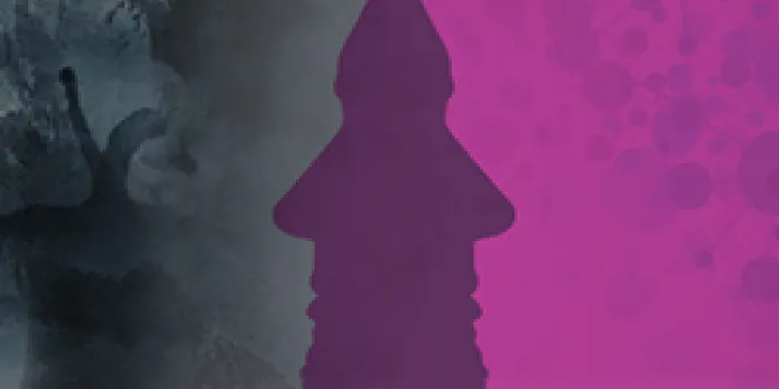 Abstract gray and purple image of man's profile facing reflection of himself