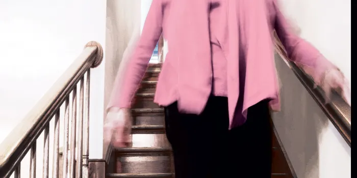 Close up image of woman walking down stairs holding bannister