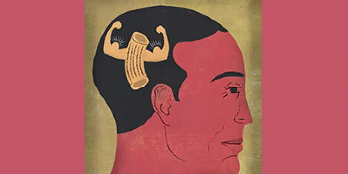 Illustration of imaginary part of brain flexing biceps inside a man's head