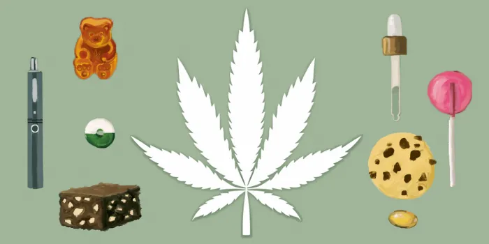 Illustration of a marijuana leaf, surrounded by the various forms in which it can be consumed.