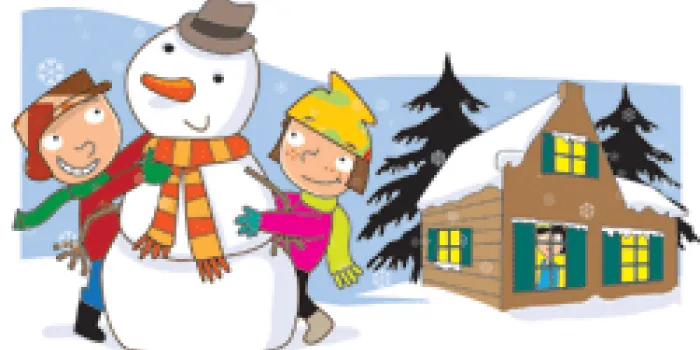 Cartoon image children building snowman in front of house