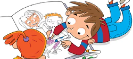 Cartoon of a boy and girl coloring My HTC and Me.