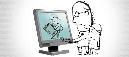 Art depicting father and son setting up a telehealth appointment on the computer.