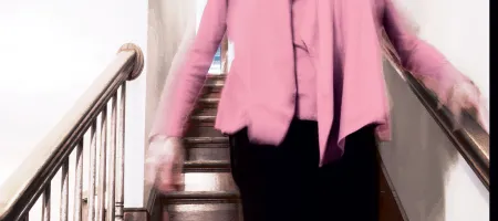 Close up image of woman walking down stairs holding bannister