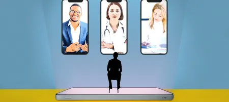 An artist's rendering of a patient speaking with doctors on video chat.