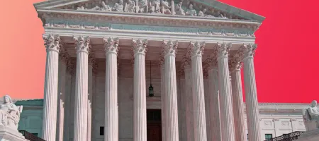 A front shot of the Supreme Court building.