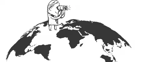Illustration of a figure looking through with binoculars standing on top of the earth