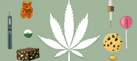 Illustration of a marijuana leaf, surrounded by the various forms in which it can be consumed.