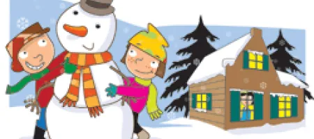 Cartoon image children building snowman in front of house