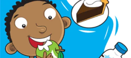 Cartoon image boy eating apple; soda, candy, pie and water hovering in air