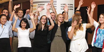 NYLI participants celebrating, hands in air at NHF's 2015 Annual Meeting