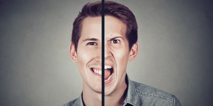 Split image of young man looking happy and disturbed